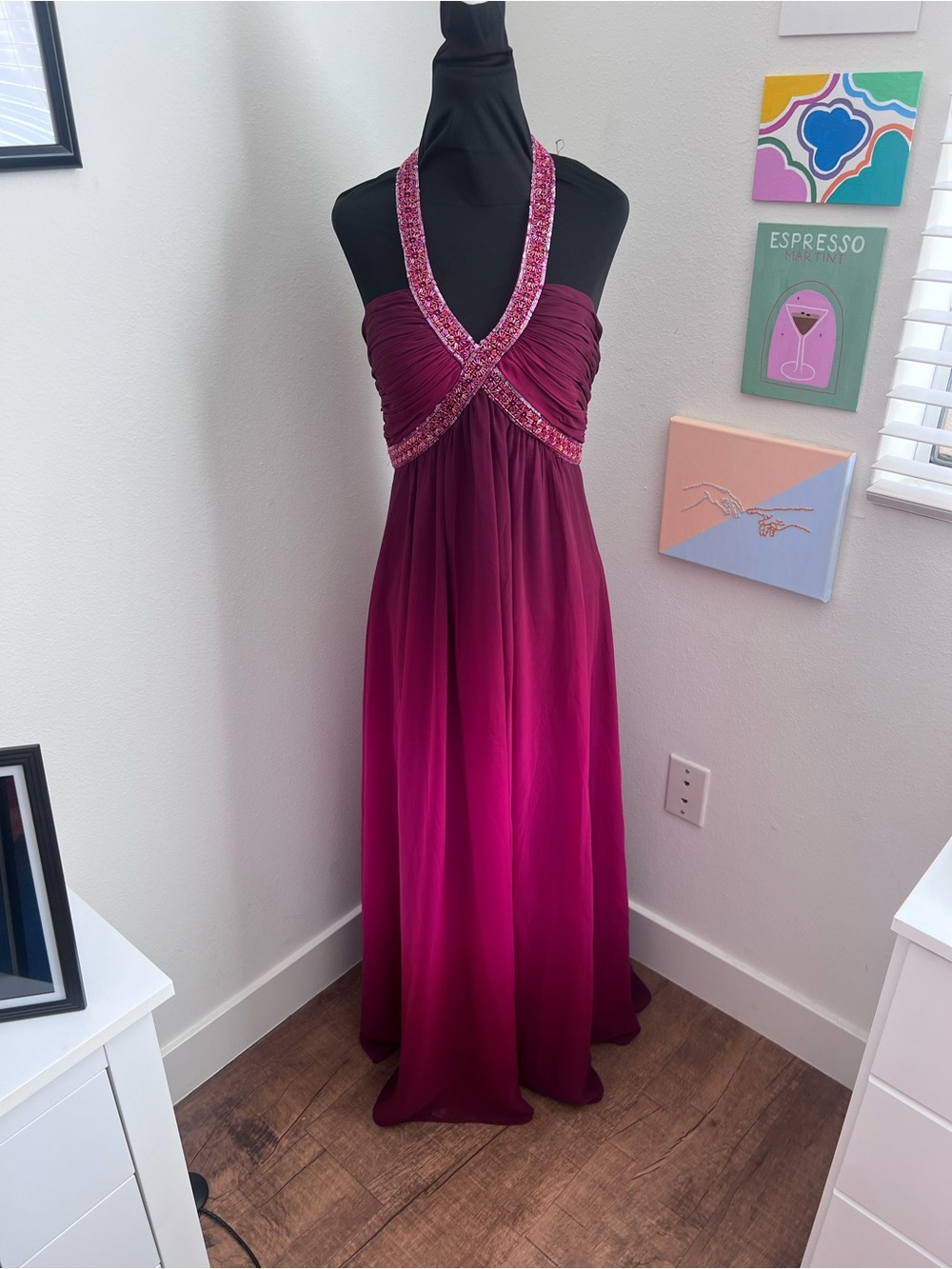 Burgundy Beaded Halter Maxi Dress – Embellished Ruched Formal Gown